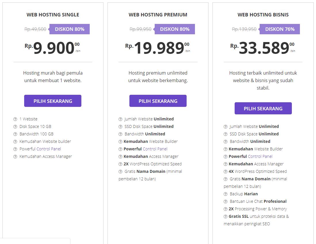 Harga paket web hosting Hostinger